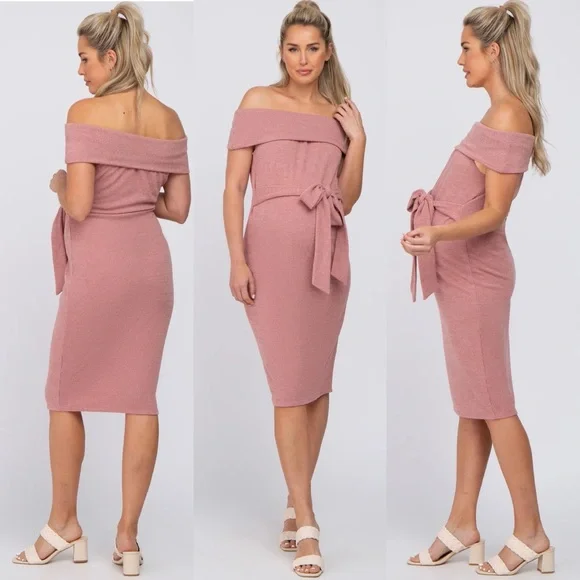strapless open back dress Pink Off Shoulder Foldover Ruched Maternity Maxi Dress main image 0